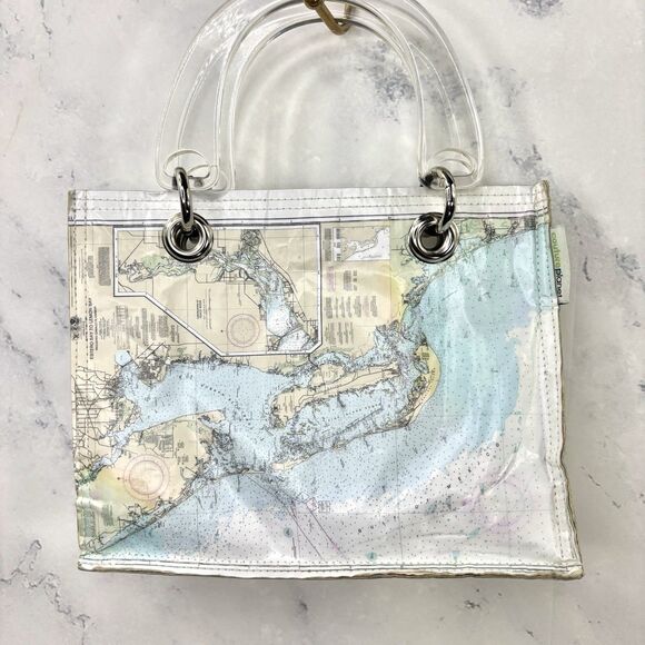Couture Planet Nantucket Map Recycled Newspaper Tote Bag Purse Lucite Handle - Picture 1 of 14